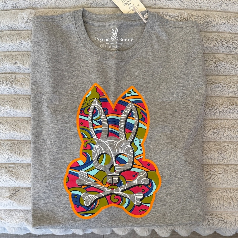 Psycho Bunny Men Grey Tee with Multicolor Psychedelic Bunny